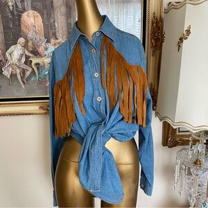 Cedars Vintage Cotton Denim Leather Trim Shirt Dress